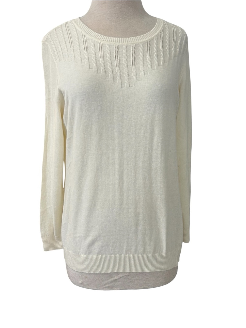 Talbots Cream Crewneck Sweater with Textured Yoke